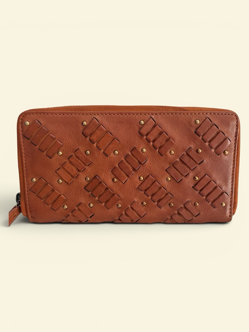 Anthropology Vilenca Holland Large Zip Stitch Leather Wallet in Cognac